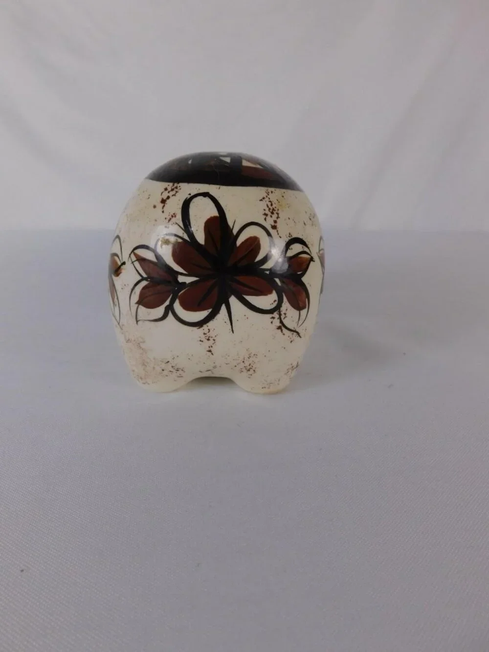 Vintage Hawaii Small Ceramic Piggy Coin Bank Brown Flower Kawaii Decor Figurine